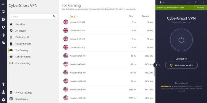 CyberGhost dashboard showing list of servers for gaming.