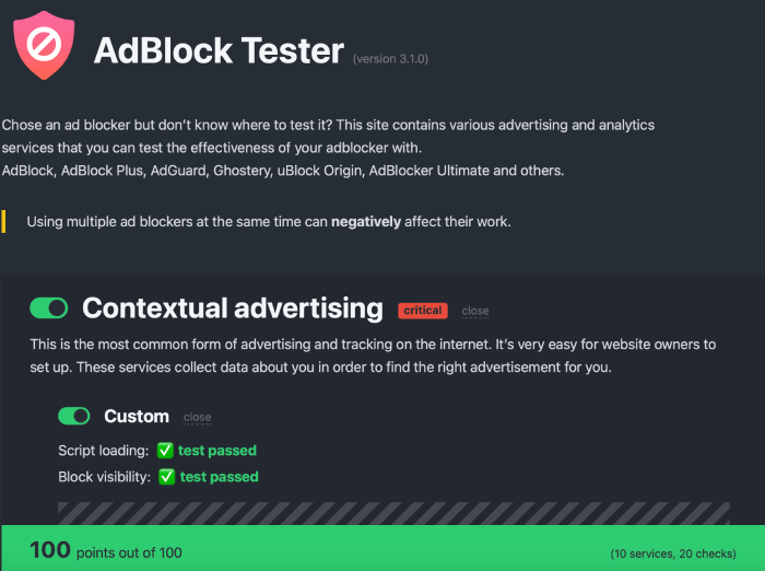 1Blocker paid plan's AdBlocker Tester results to check for ad blocking.