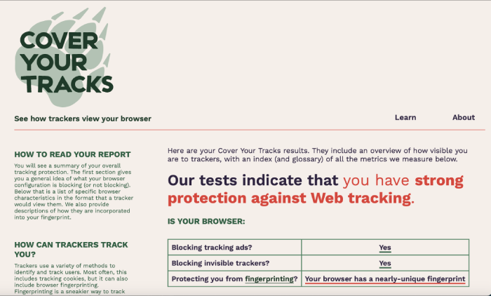 1Blocker paid plan's Cover Your Tracks test results to check for anti-tracking.