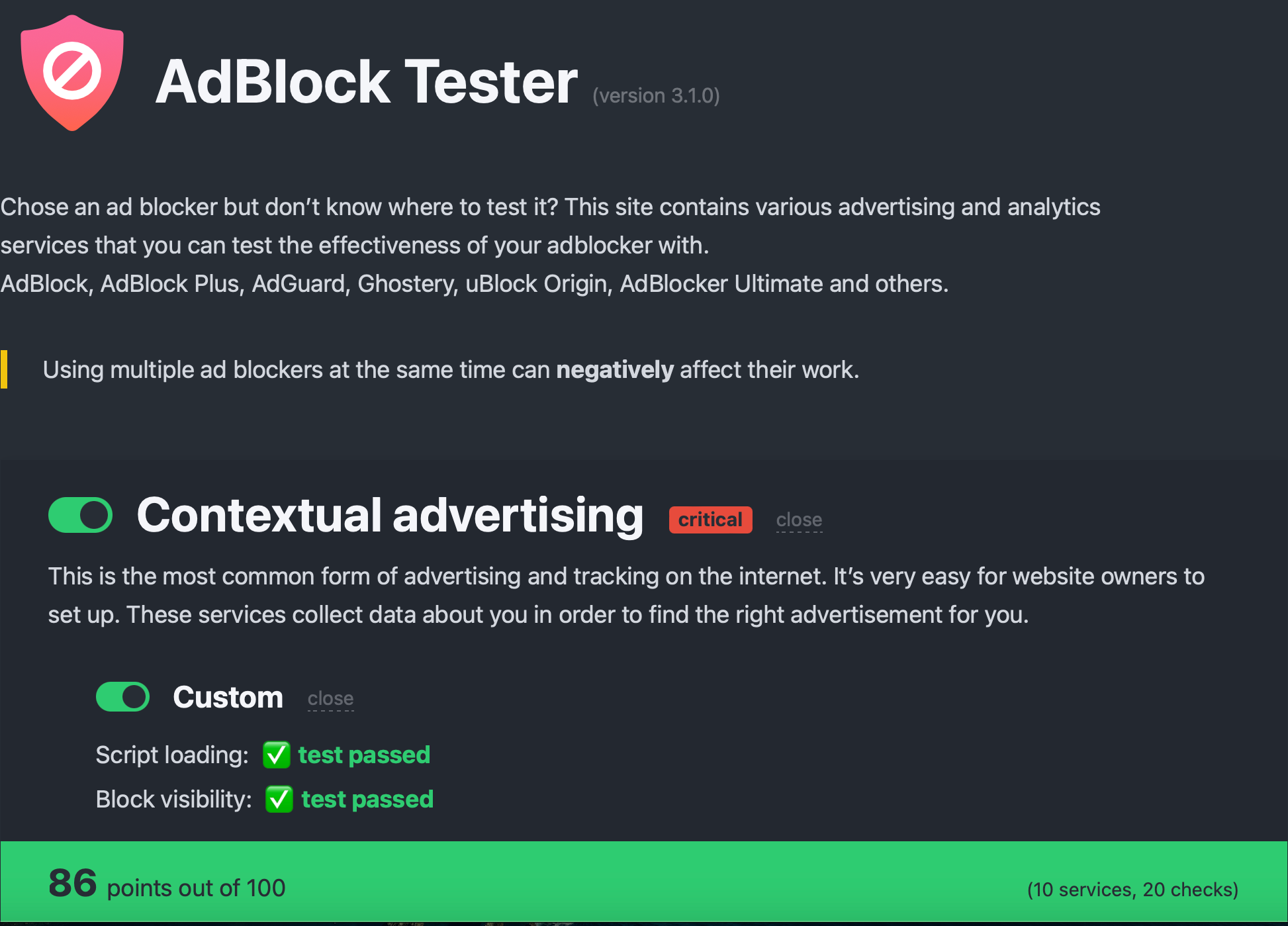 1Blocker free plan's AdBlocker Tester results to check for ad blocking.