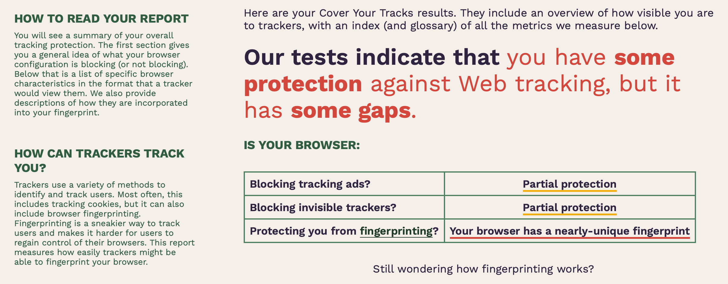 1Blocker free plan's Cover Your Tracks test results to check for anti-tracking.