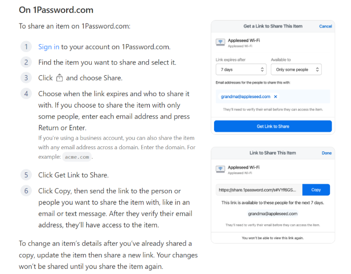 1Password instructions on how to share a password.