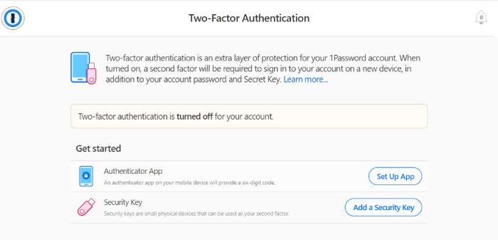 1Password two-factor authentication setup options.