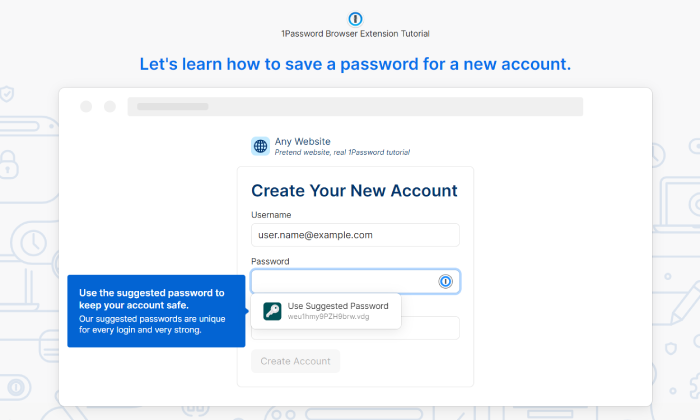 1Password's browser extension tutorial showing how it offers suggested passwords.
