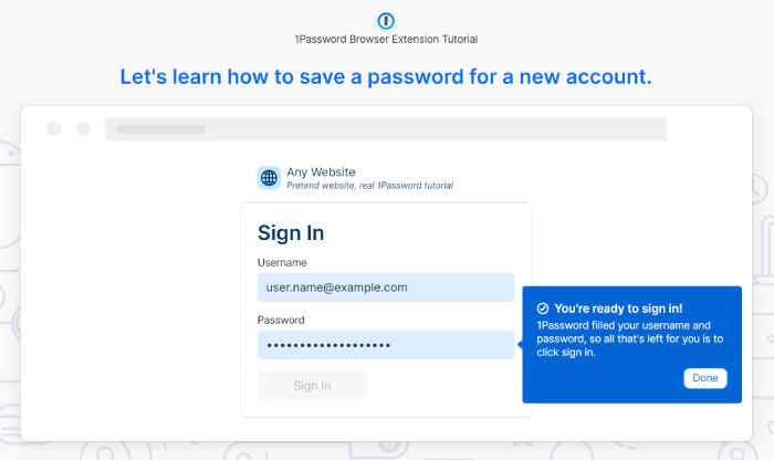 1Password's browser extension tutorial with instructions on how to save a password for a new account.