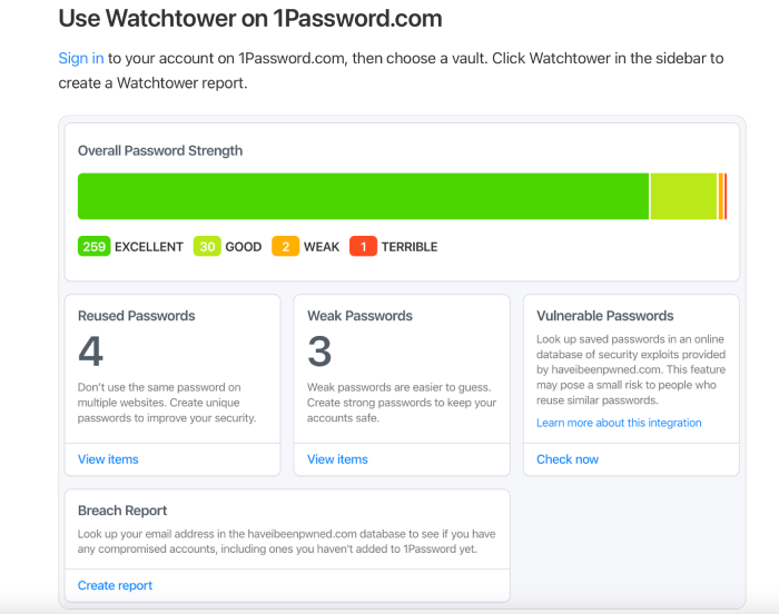 1Password's Watchtower feature with password strength reports and data breach reports.