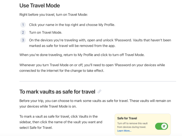 1Password's instructions for its Travel Mode feature.