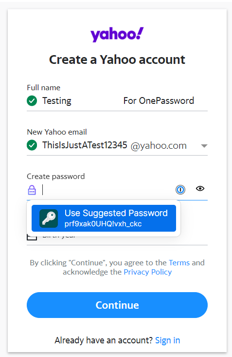 The Yahoo account creation page with 1Password's autofill not working.