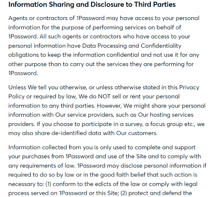 1Password's privacy policy discussing information sharing and disclosure to third parties.