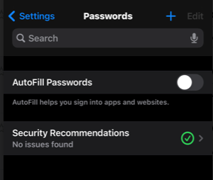 The iPhone Passwords screen with the toggle for autofill passwords off.