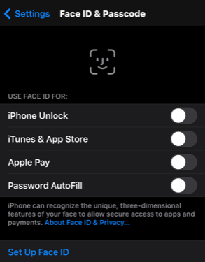 The iPhone Face ID & Passcode settings screen.