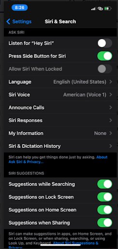 Siri & Search settings screen on an iPhone.