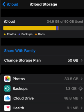 The iCloud Storage settings screen.
