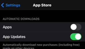 The iPhone App Store settings screen.