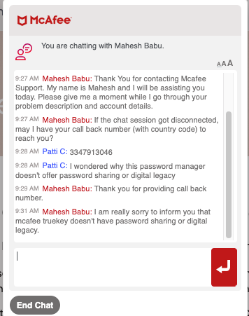 A conversation with McAfee support regarding True Key's lack of password sharing and digital legacy features.