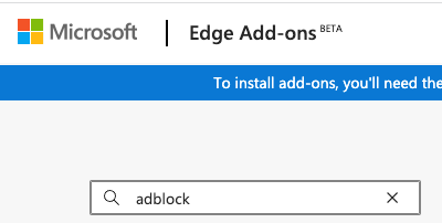 A screenshot of the Microsoft Edge Add-ons page with a search for AdBlock.