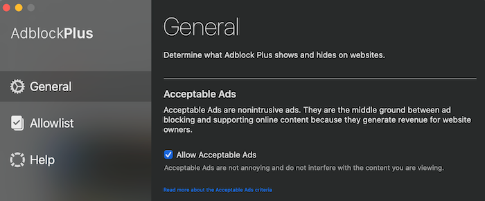 Adblock Plus also allows you to see acceptable ads, which are said to be non-intrustive and allow you to support online content creators.