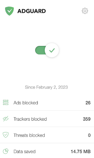 The AdGuard interface indicating how many ads, trackers, and threats have been blocked, as well as how much data has been saved.