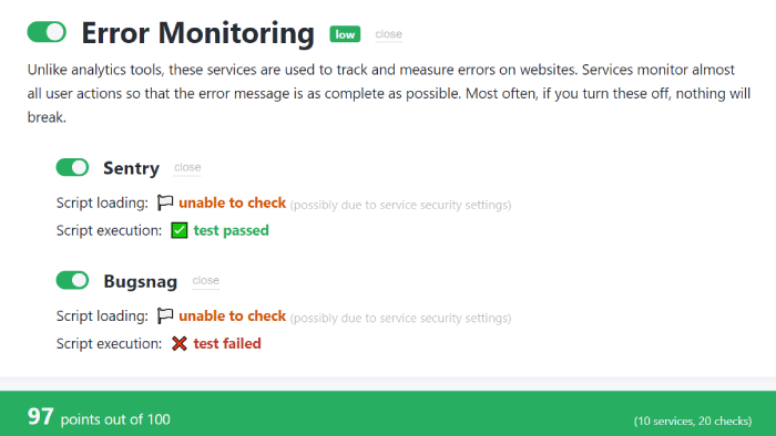 AdLock's error monitoring test results.