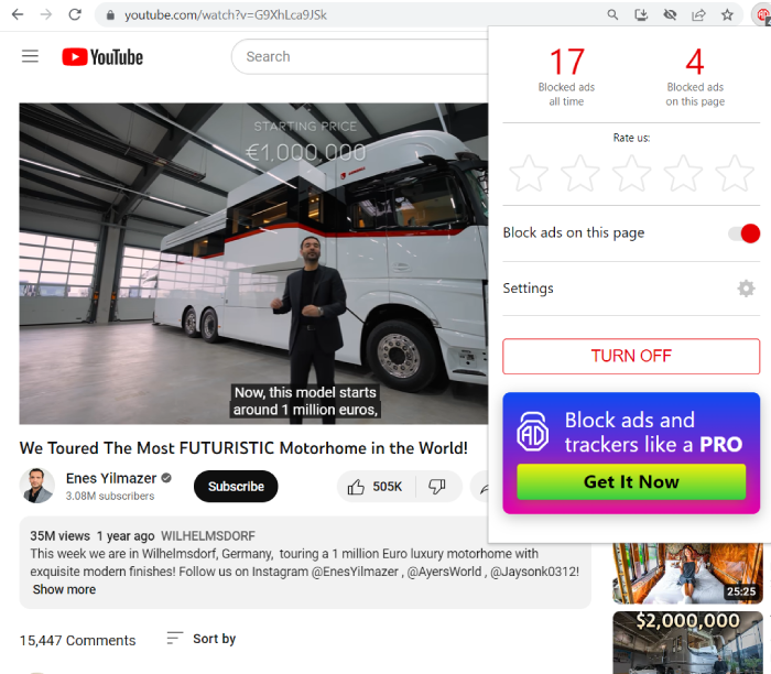 The AdLock extension being used on an Enes Yilmazer YouTube video page.
