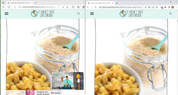 A side-by-side comparison of a recipe page with AdLock on and without AdLock on.