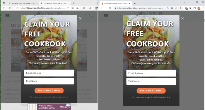 A side-by-side comparison of a recipe page with AdLock on and without AdLock on where AdLock did not block the newsletter pop-up.