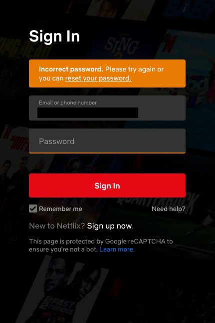 A screenshot of the Netflix login page not allowing the user to login because the password is incorrect. 