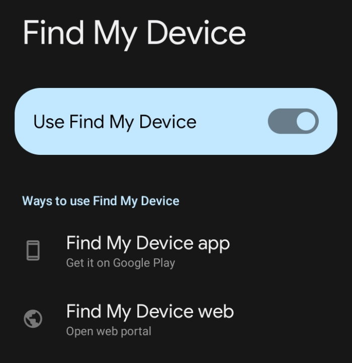 The Find My Device settings on an Android phone.