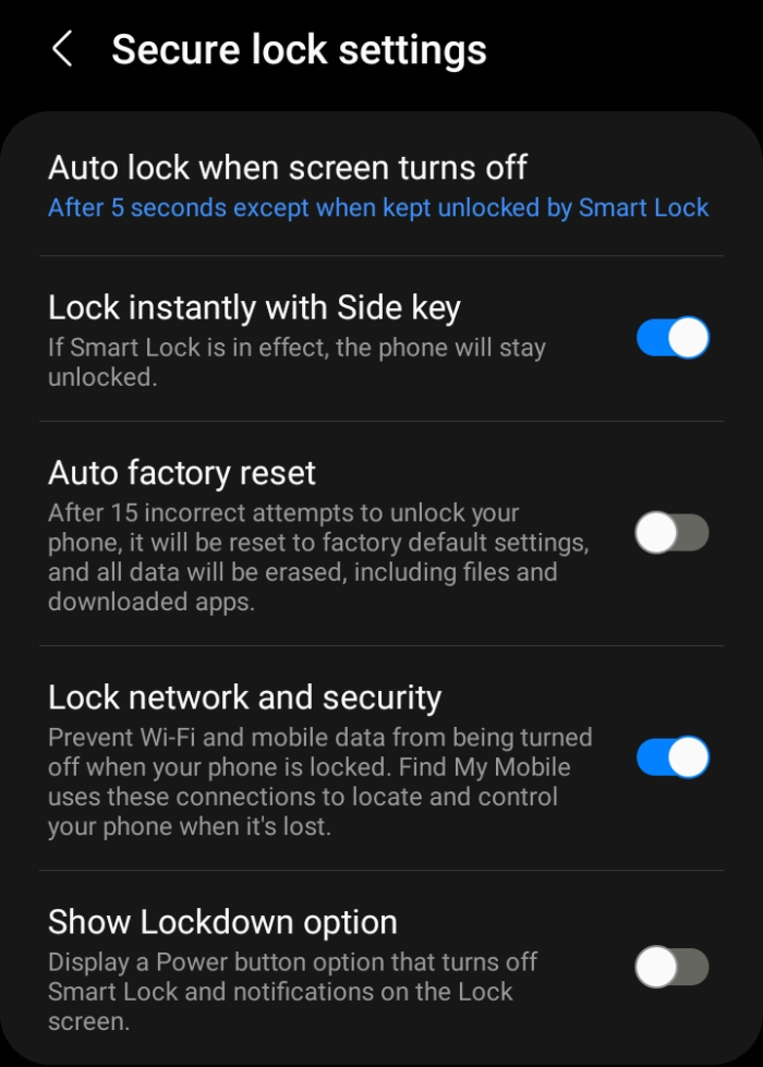 The Secure lock settings screen on an Android phone.