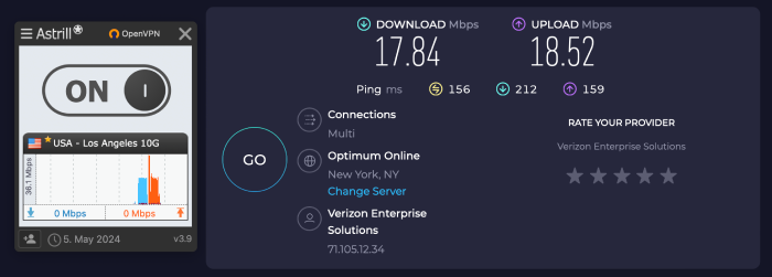 Speed test results for Astrill VPN while connected to a server in Los Angeles.