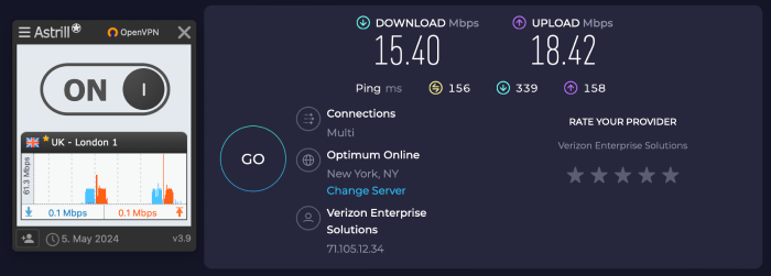 Speed test results for Astrill VPN while connected to a server in London.