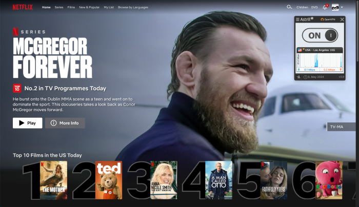 The Netflix homepage with an Astrill VPN window open and connected to a server in Los Angeles.