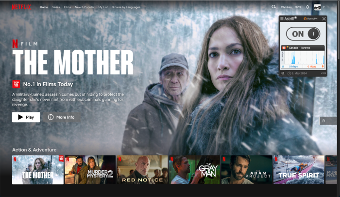 The Netflix homepage with an Astrill VPN window open and connected to a server in Toronto.