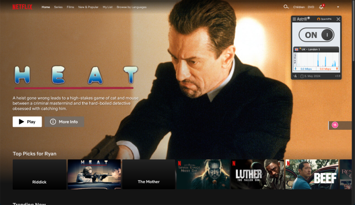 The Netflix homepage with an Astrill VPN window open and connected to a server in London.