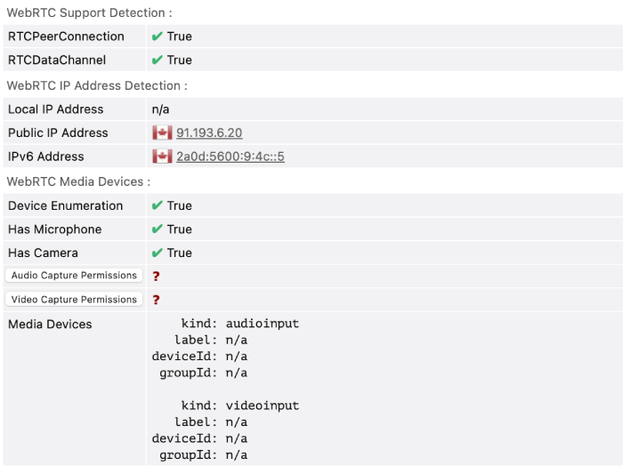 Safari U.S. to Canada WebRTC leak test results for Atlas VPN.
