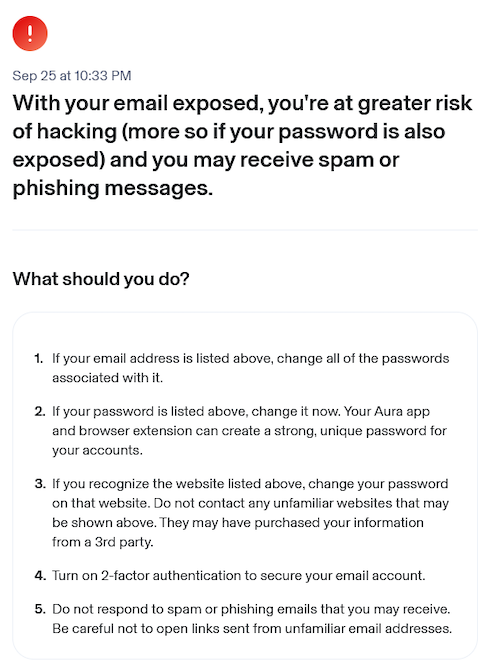 Aura includes guides on what to do if your email or other personal info is exposed.
