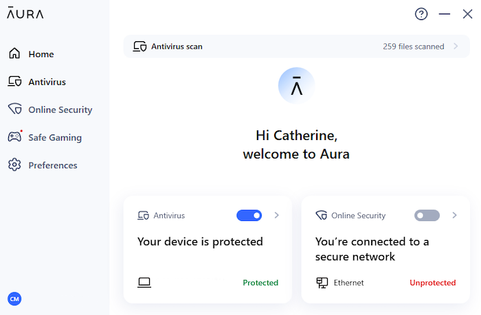 Aura's antivirus is clean and simple to use.