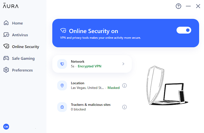 Aura's VPN, Online Security, is a simple toggle on or off. 