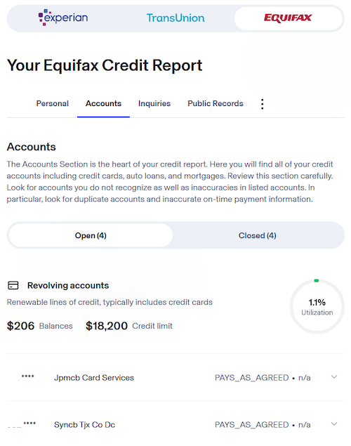 A screenshot of our Equifax credit report showing a credit limit of $18,200.