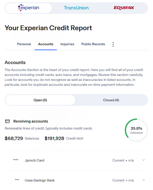 A screenshot of our Experian credit report showing a credit limit of $191,928.