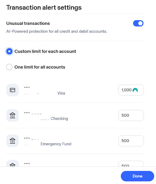 Aura's transaction alerts feature lest you set thresholds for each of your connected bank accounts.