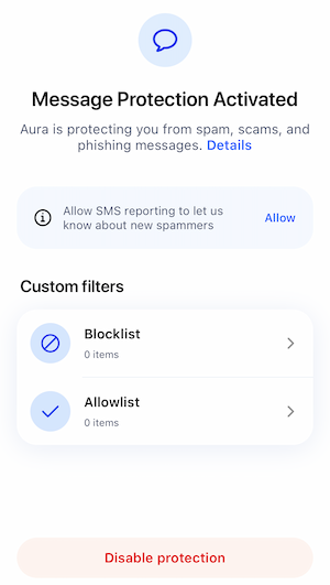 Aura includes SMS text blocking that seriously cleans out spam messages.