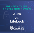 Blue background with text reading &quot;Identity Theft Protection Review Aura vs. LifeLock&quot; and the All About Cookies logo