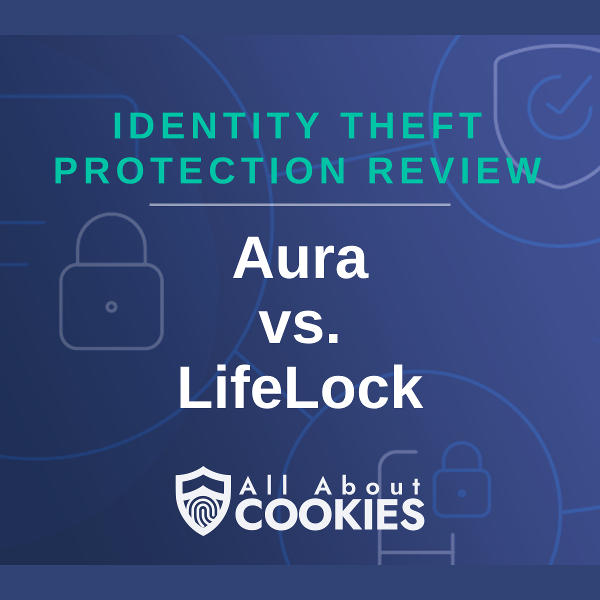 Blue background with text reading &quot;Identity Theft Protection Review Aura vs. LifeLock&quot; and the All About Cookies logo