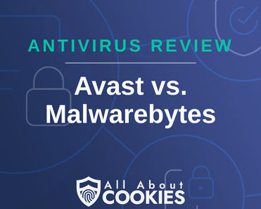 A blue background with images of locks and shields with the text &quot;Avast vs. Malwarebytes&quot; and the All About Cookies logo. 