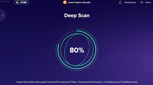 The Avast Premium Security Deep Scan page at 80%.