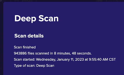 The Avast Premium Security Deep Scan details after the scan is finished.
