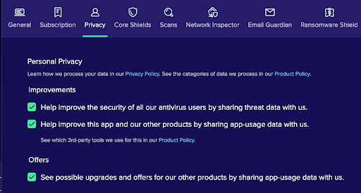 The Avast Premium Security Privacy settings page.
