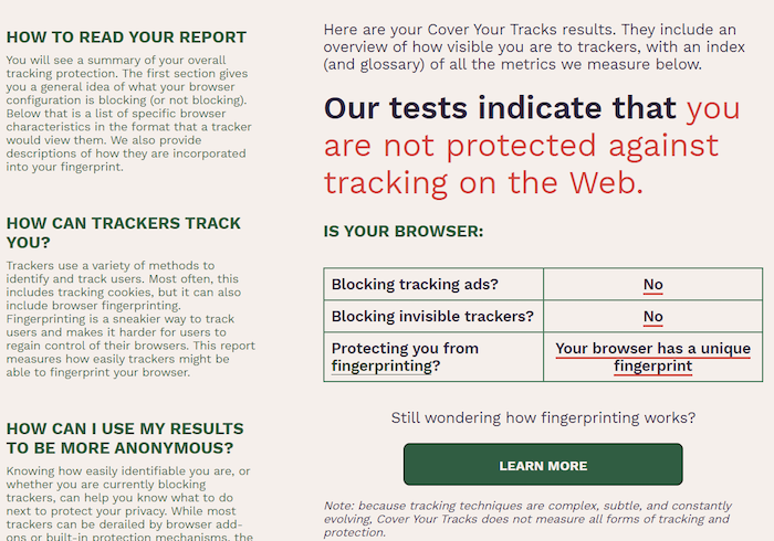 AVG's Secure Browser wasn't very secure at all — testing with the EFF's Cover Your Tracks tool showed it didn't block ads or trackers, and had a unique browser fingerprint.