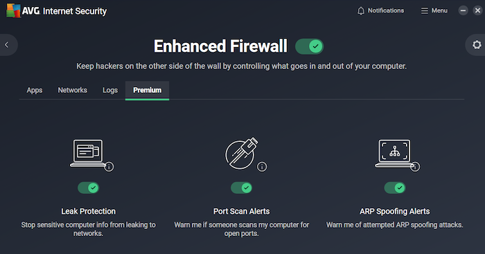 Paid AVG subscribers get access to the Premium tab of the Enhanced Firewall, which features a data leak protector and vulnerability alerts.